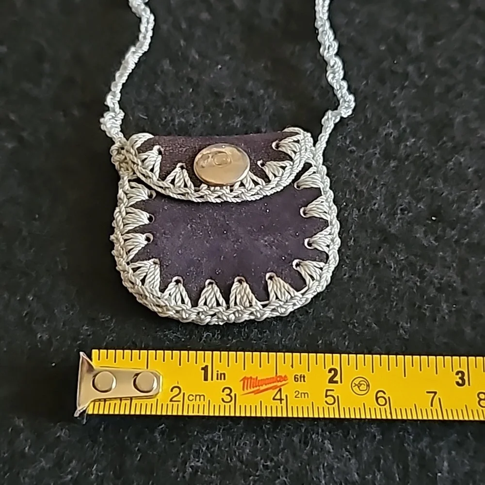 Vintage Suede and Crochet Necklace Pouch 1027
